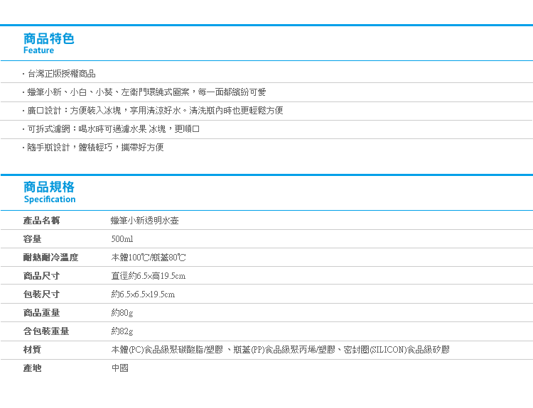 【蠟筆小新透明水壺】Norns 500ml水瓶 餐具 冷水壺 蠟筆小新 正版