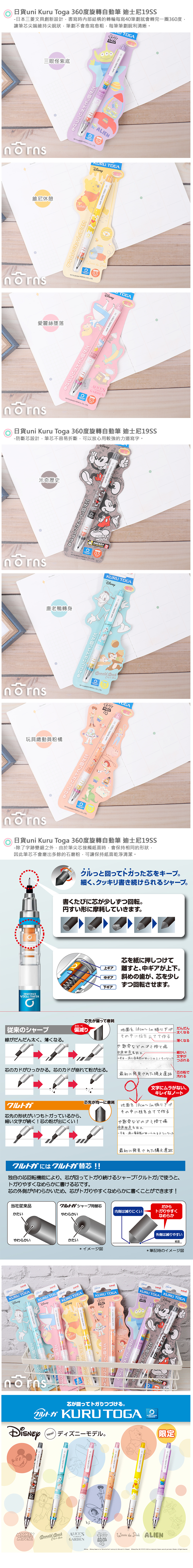 【日貨uni Kuru Toga 360度旋轉自動筆 迪士尼19SS】Norns 防斷芯自動鉛筆 維尼米奇玩具總動員